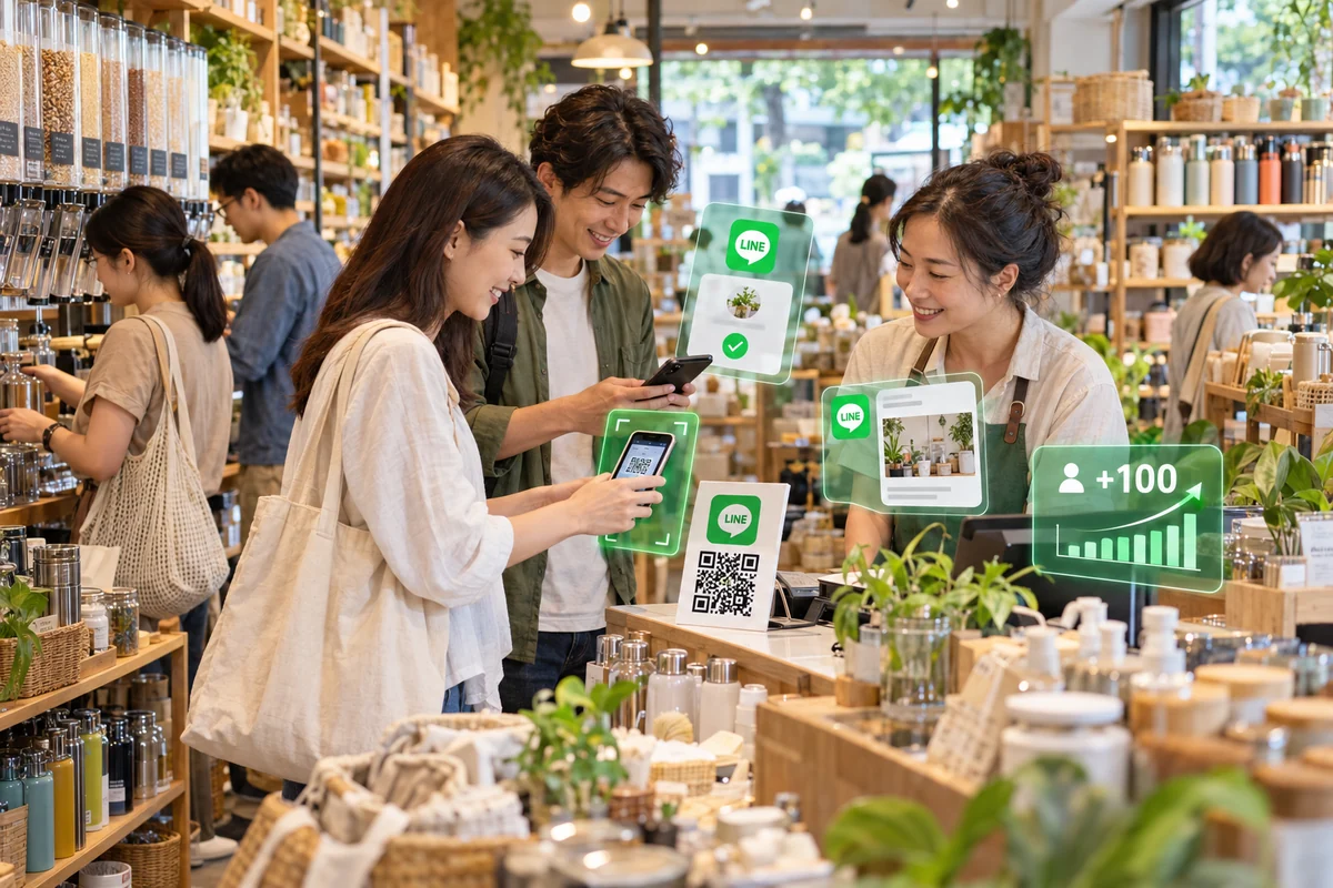 生活雜貨店顧客掃描 LINE 官方帳號 QR Code